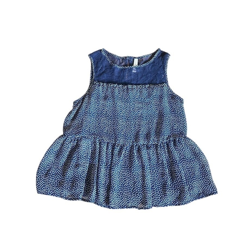 Xhilaration Womens Navy Blue Polka Dot Lace Yoke Peplum Sleeveless Top XS 332
